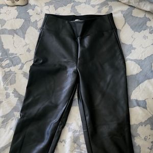 Womens black faux leather leggings-high waist